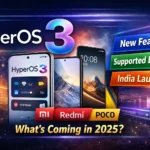 HyperOS 3 update interface showing new features, supported Xiaomi, Redmi and POCO devices, and expected India launch information.