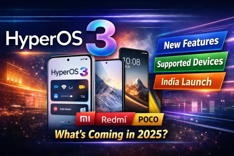 HyperOS 3 update interface showing new features, supported Xiaomi, Redmi and POCO devices, and expected India launch information.