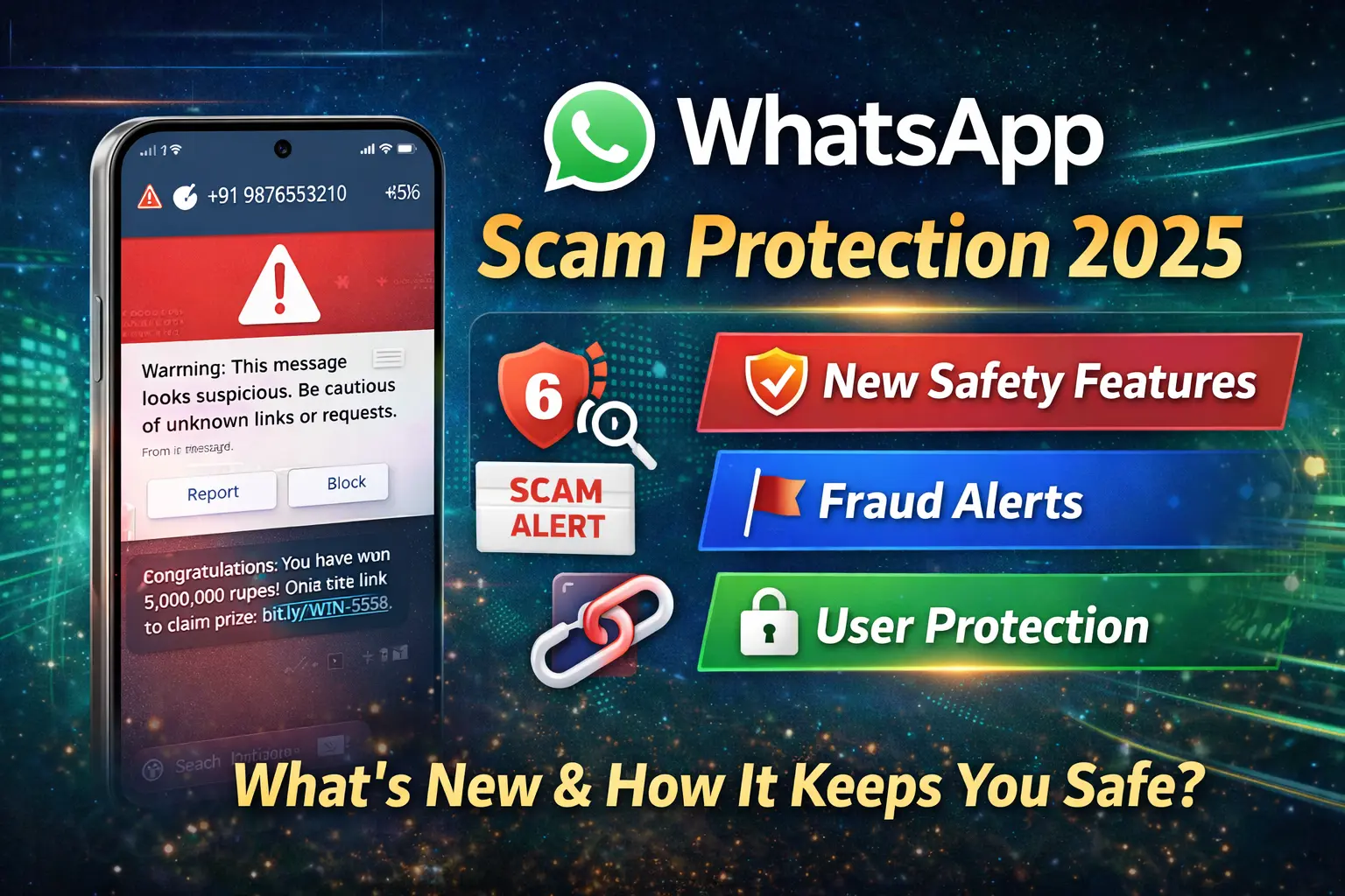 WhatsApp New scam protection feature 2025 showing fraud alert and scam warning message
