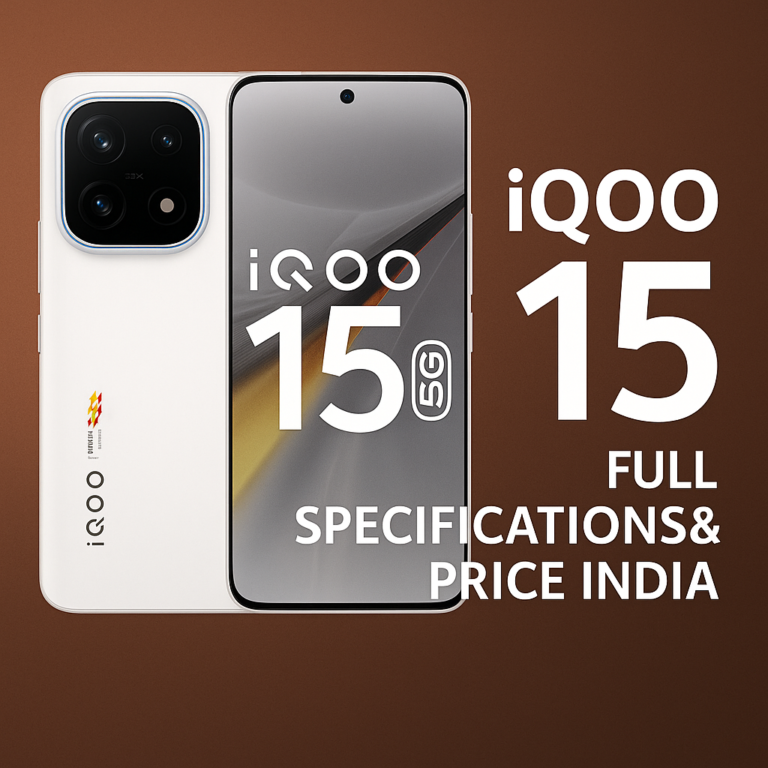 iQOO 15 smartphone showing rear camera module and front display with text highlighting full specifications and India price.
