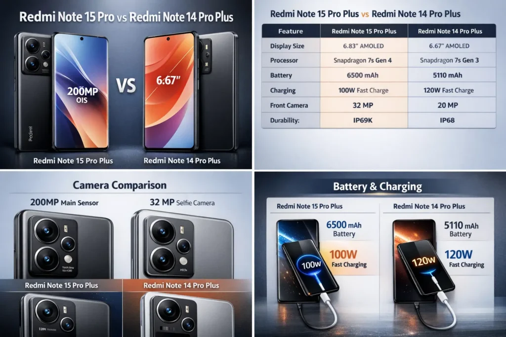 Redmi Note 15 Pro Plus vs Redmi Note 14 Pro Plus side by side comparison showing design, display size, camera, battery, and charging features