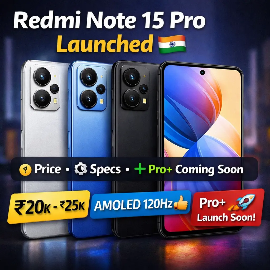 Redmi Note 15 Pro launched in India showing price, specifications and upcoming Redmi Note 15 Pro Plus launch update.