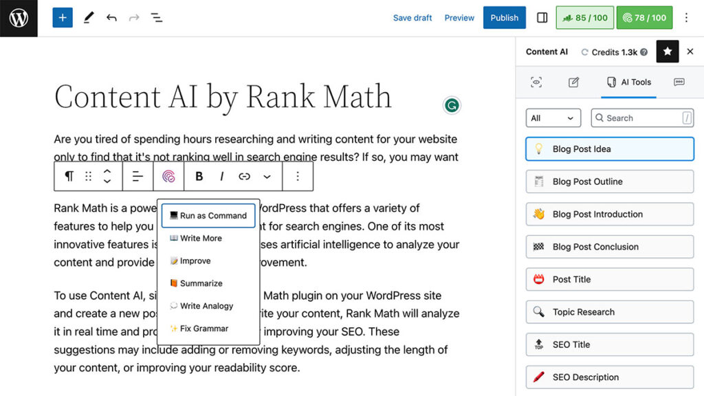 Rank Math AI SEO plugin for WordPress blogging