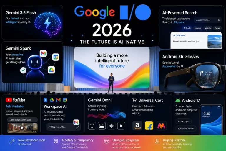 Google I/O 2026 keynote showcasing Gemini AI, Android XR glasses, AI Search and Android 17 announcements