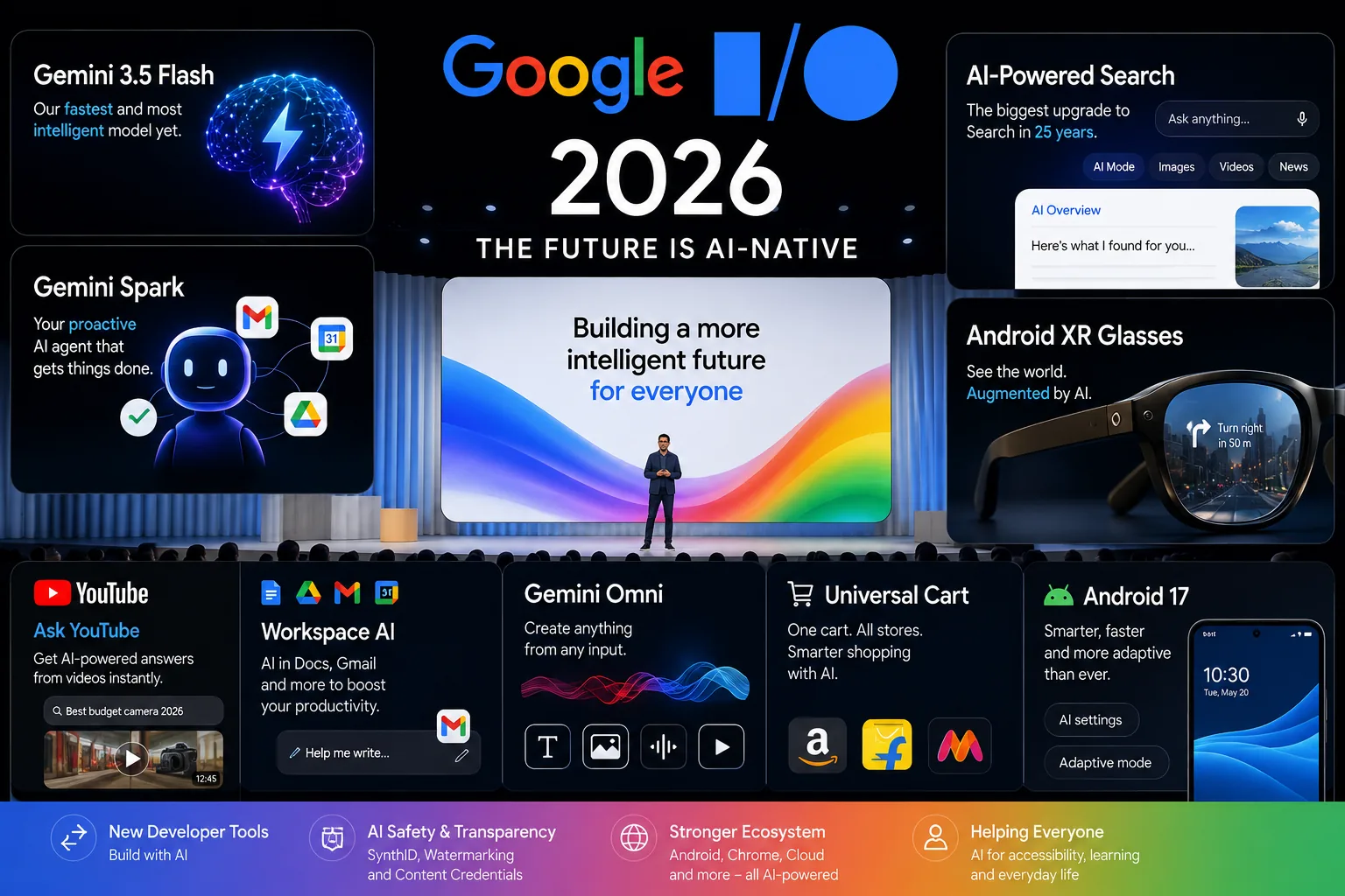 Google I/O 2026 keynote showcasing Gemini AI, Android XR glasses, AI Search and Android 17 announcements