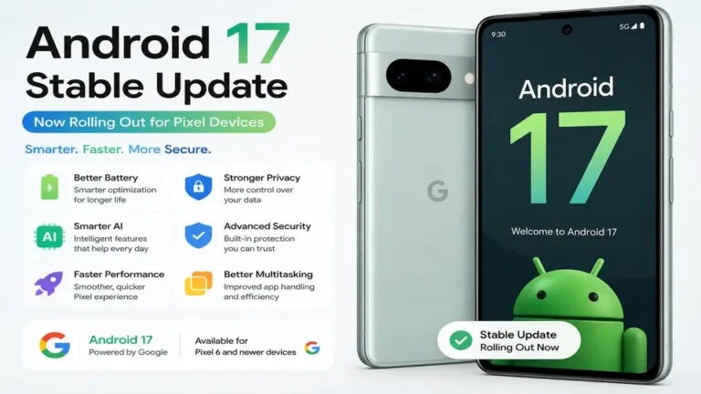 Android 17 Stable Update rolling out for Google Pixel devices with new AI features, better battery life, enhanced privacy, and improved performance.